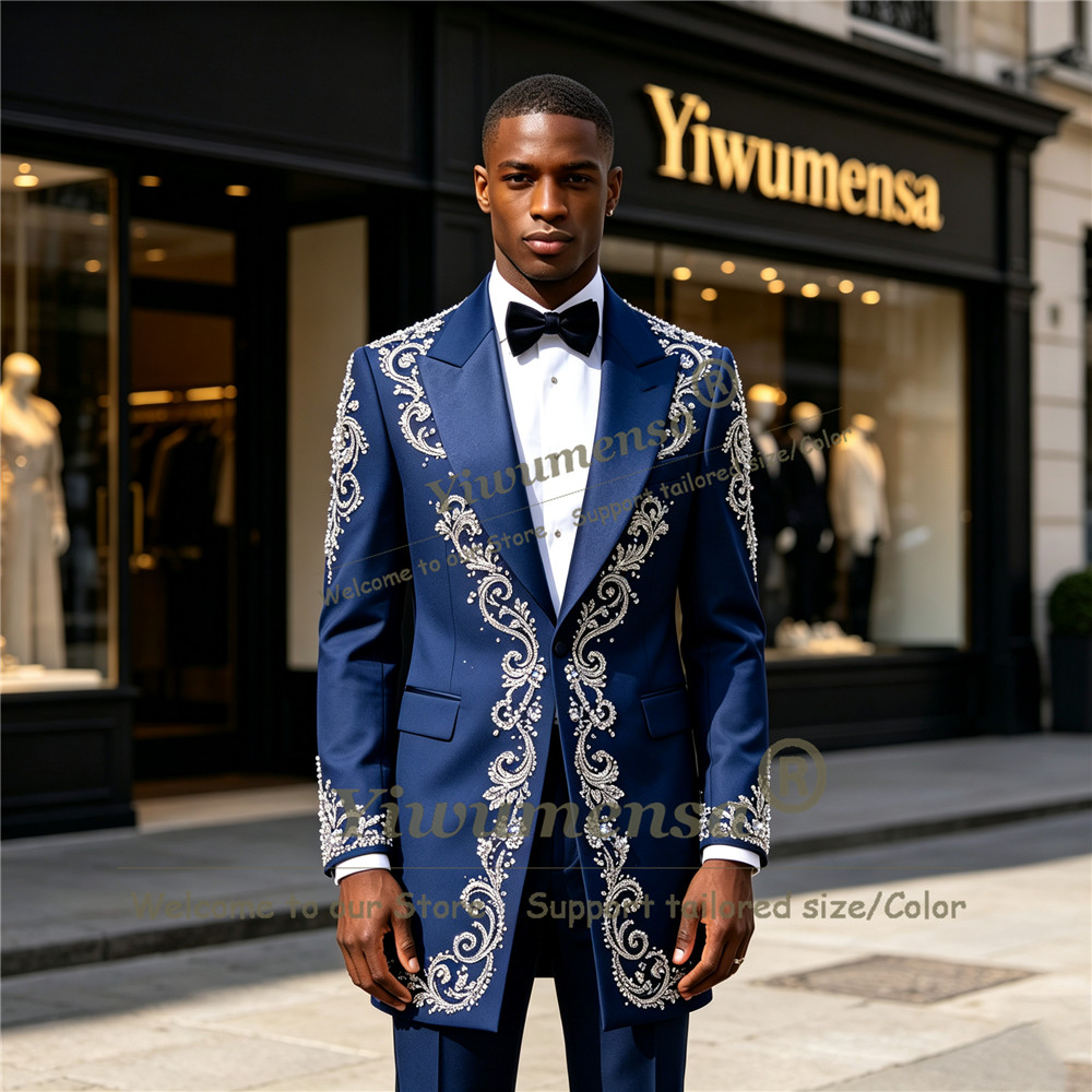 Men'S Formal Wear - Handmade Crystals Beading Suit Men Customized