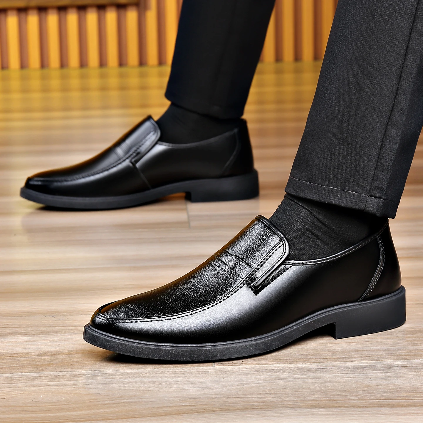Men'S Formal Wear - Men's Slip‑on Business Leather Shoes Black