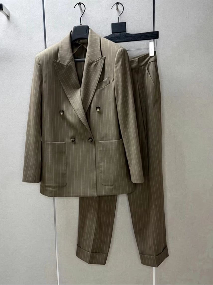 Wool Suit Jacket - Elegant Pinstriped Trouser Suit with an