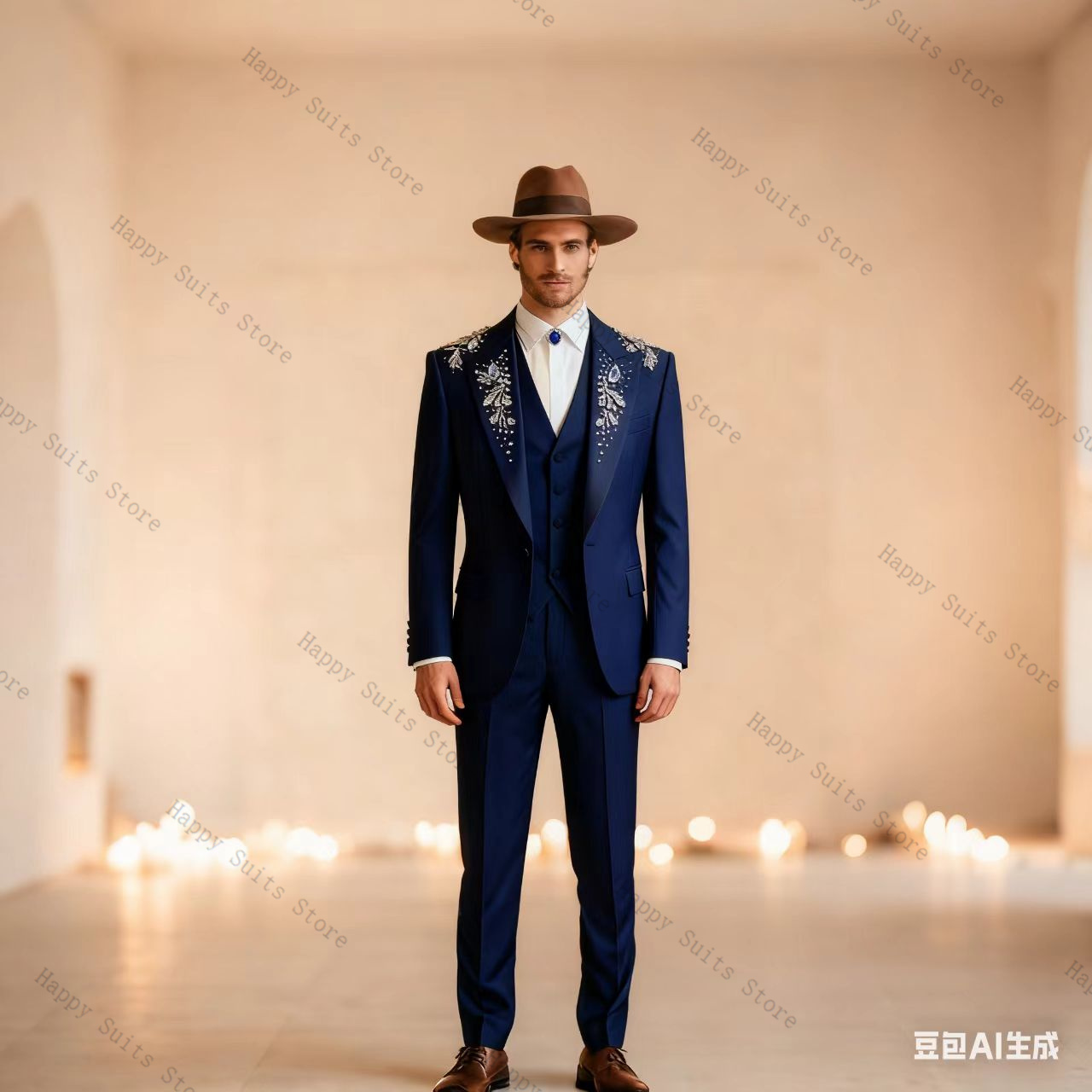 Blue Crystals Men Suit Set 3 P - đánh giá và giá Men Formal Wear Blue
